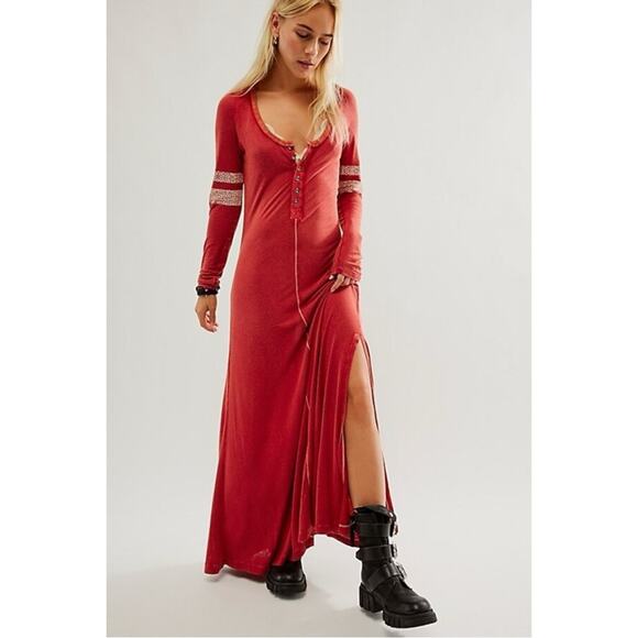 Free People Just Like Heaven Henley Maxi Dress Red Grunge 90s Fall Size Small - Picture 9 of 16